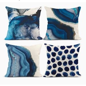 NWOT Set Of 4 Throw Pillow Covers Navy Blue Marble Dots Coastal Colors 18 x 18
